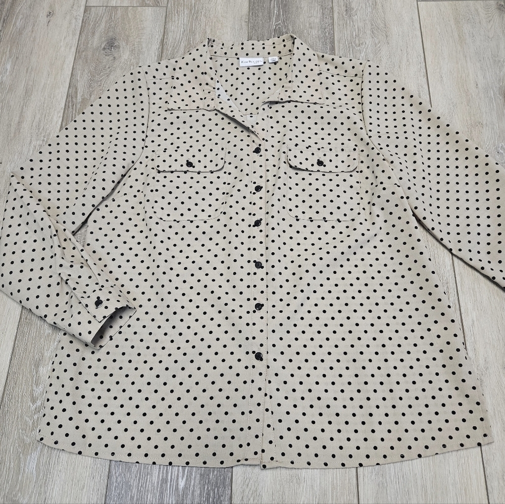 Kim Rogers Tan Polka Dot Button Up Roll Tab Blouse Women's Large Petite
